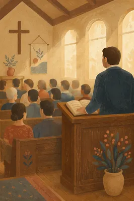 Pastor Preaching at Wooden Chapel Pulpit