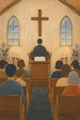Pastor Preaching in Rainy Wooden Chapel