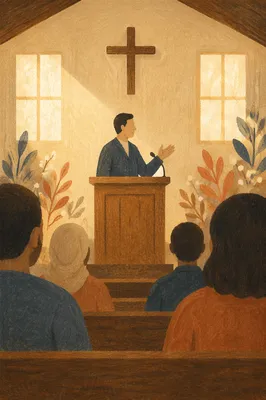 Pastor Preaching in a Modest Chapel