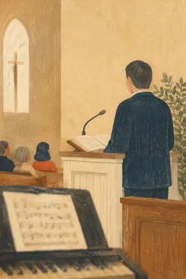 Pastor Preaching at Simple White Pulpit