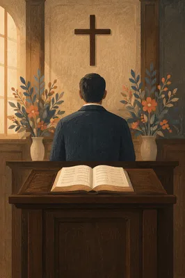 Pastor Preaching at Wooden Church Pulpit
