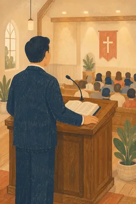 Pastor Preaching at Warm Wooden Pulpit