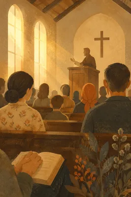 Pastor Preaching in Warm Wooden Chapel