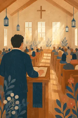 Pastor Preaching in Warm Wooden Chapel