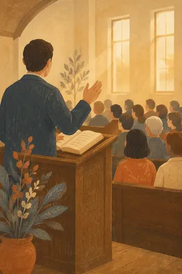 Pastor Preaching in Warm Sunlit Chapel