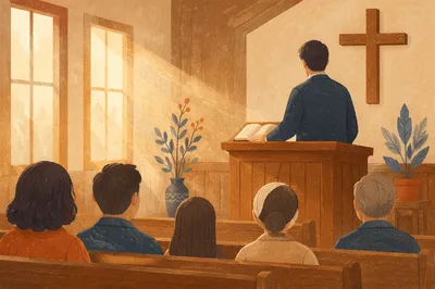 Pastor Preaching at Wooden Chapel Pulpit