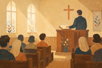 Pastor Preaching at Wooden Chapel Pulpit