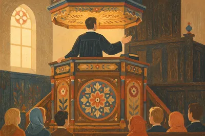 Pastor Preaching at Folk Art Pulpit