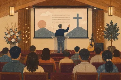Pastor Preaching in Warm Church Sanctuary