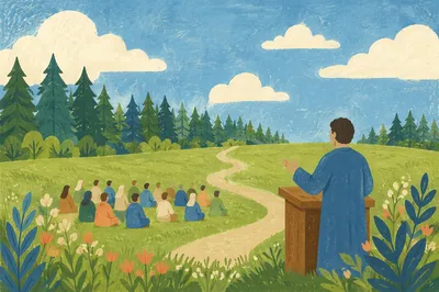 Pastor Preaching in Peaceful Meadow Service