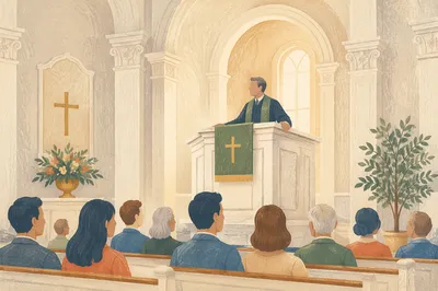 Pastor Preaching at White Church Pulpit