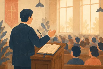 Pastor Preaching at Warm Wooden Pulpit