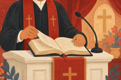 Pastor Preaching With Open Scripture at Pulpit