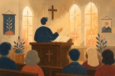 Pastor Preaching at Wooden Church Pulpit