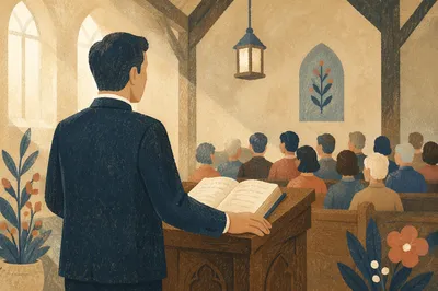 Pastor Preaching from Wooden Church Pulpit