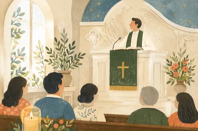 Pastor Preaching at White Church Pulpit