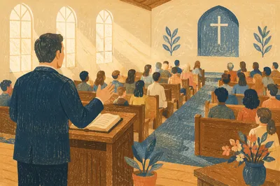 Pastor Preaching in Warm Church Sanctuary