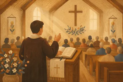 Pastor Preaching in Warm Chapel Light