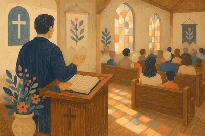 Pastor Preaching at Wooden Church Pulpit