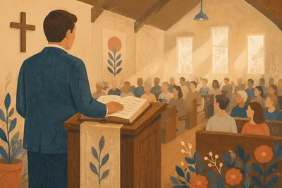 Pastor Preaching at Wooden Chapel Pulpit