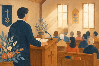 Pastor Preaching in Warm Church Sanctuary