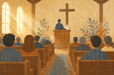 Pastor Preaching in Warm Wooden Chapel