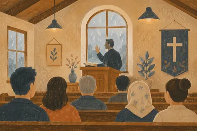 Pastor Preaching in Rainy Chapel Light