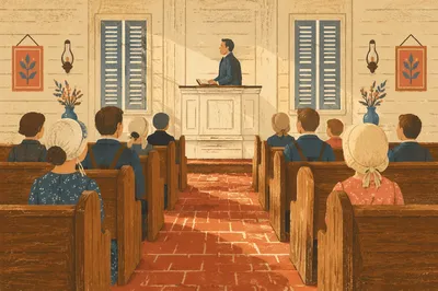 Pastor Preaching in Historic Wooden Chapel