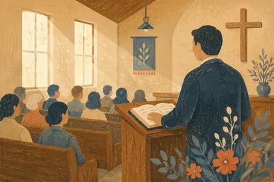 Pastor Preaching in a Humble Chapel