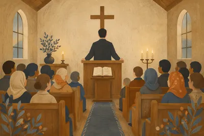 Pastor Preaching in a Rainy Wooden Chapel