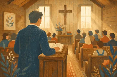 Pastor Preaching in Warm Wooden Chapel