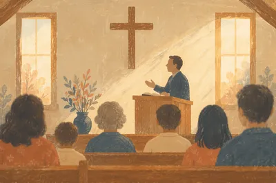 Pastor Preaching in Warm Chapel Light