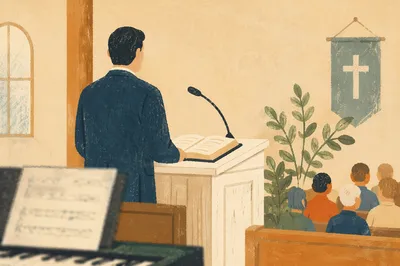 Pastor Preaching at Simple White Pulpit