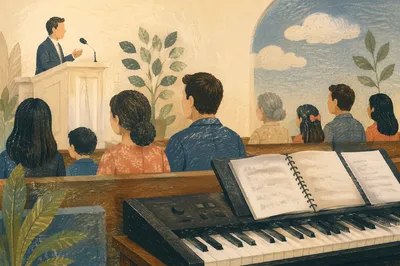 Pastor Preaching Beside Chapel Keyboard