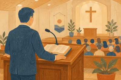 Pastor Preaching at Warm Wooden Pulpit