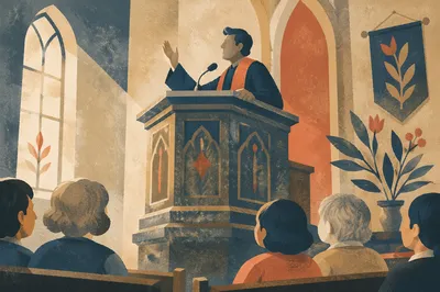 Pastor Preaching at Wooden Church Pulpit
