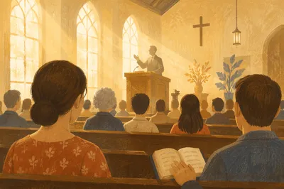 Pastor Preaching in Warm Wooden Chapel