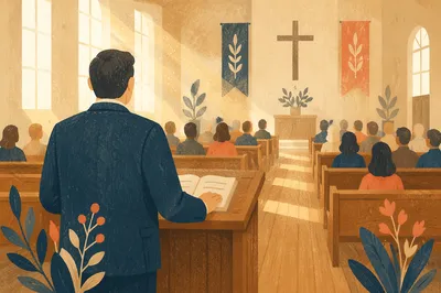Pastor Preaching in a Warm Wooden Chapel