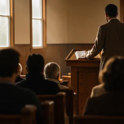 Pastor Preaching at Wooden Chapel Pulpit