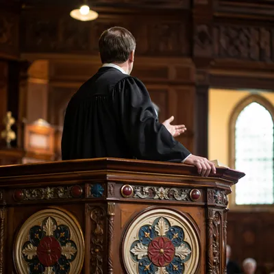 Pastor Preaching at Ornate Wooden Pulpit