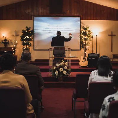Pastor Preaching in Warm Church Sanctuary