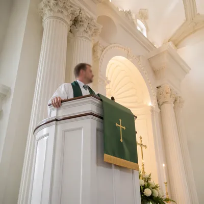 Pastor Preaching from White Church Pulpit