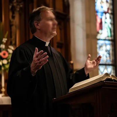Pastor Preaching in Traditional Church Pulpit
