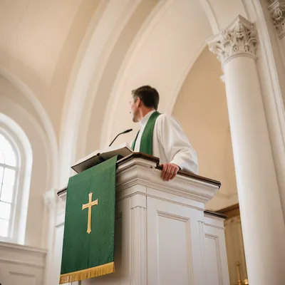 Pastor Preaching at White Church Pulpit