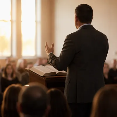 Pastor Preaching at Wooden Pulpit