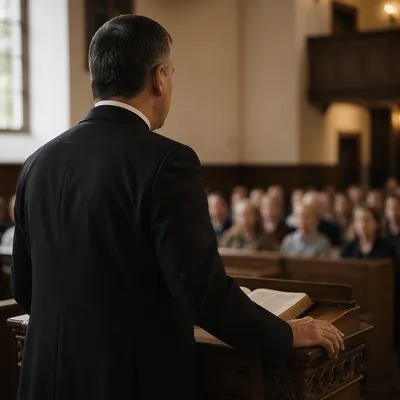 Pastor Preaching at Wooden Chapel Pulpit