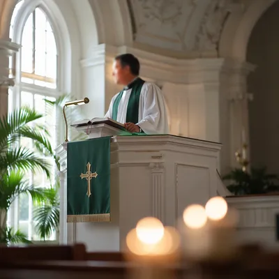 Pastor Preaching at White Church Pulpit