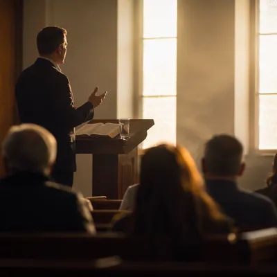 Pastor Preaching at Wooden Pulpit