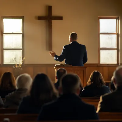Pastor Preaching at Warm Wooden Pulpit