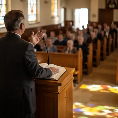 Pastor Preaching from Wooden Pulpit
